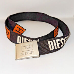 Vintage Y2K Diesel Black Canvas Logo Print Adjustable Logo Buckle Belt Up To 46”